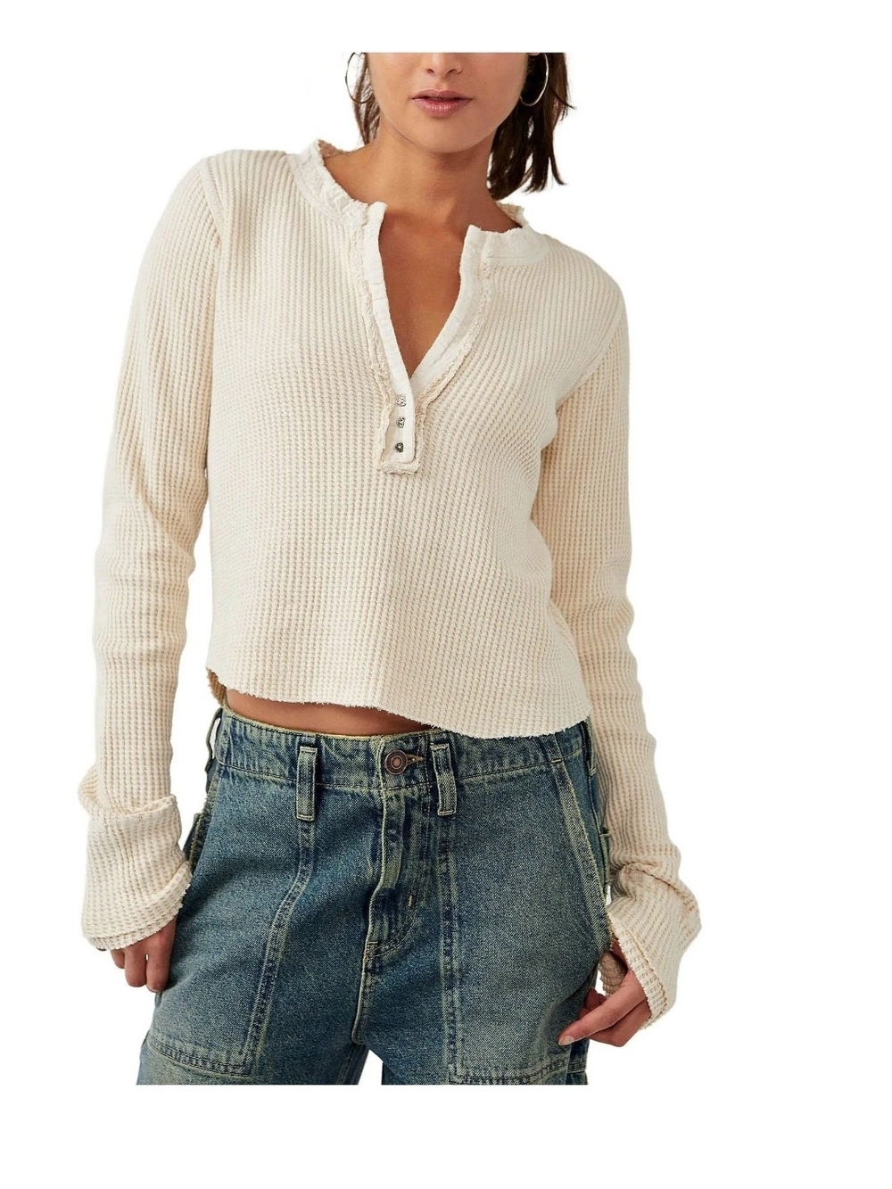 Free People Colt Womens Cream Waffle Henley Long-Sleeve Top Size M